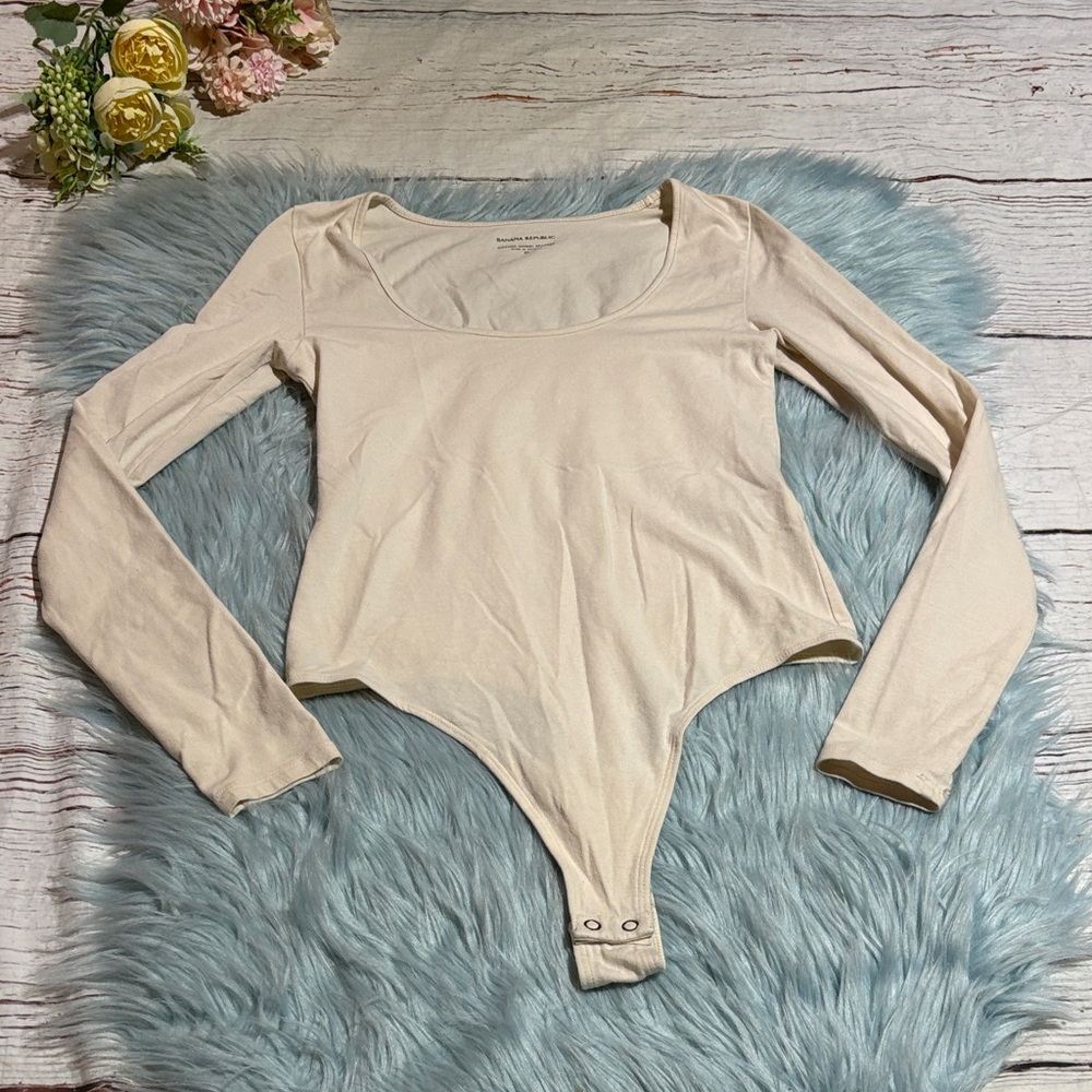 Banana Republic Cotton Modal Spandex Ivory Long Sleeve Thong Bodysuit sz XS